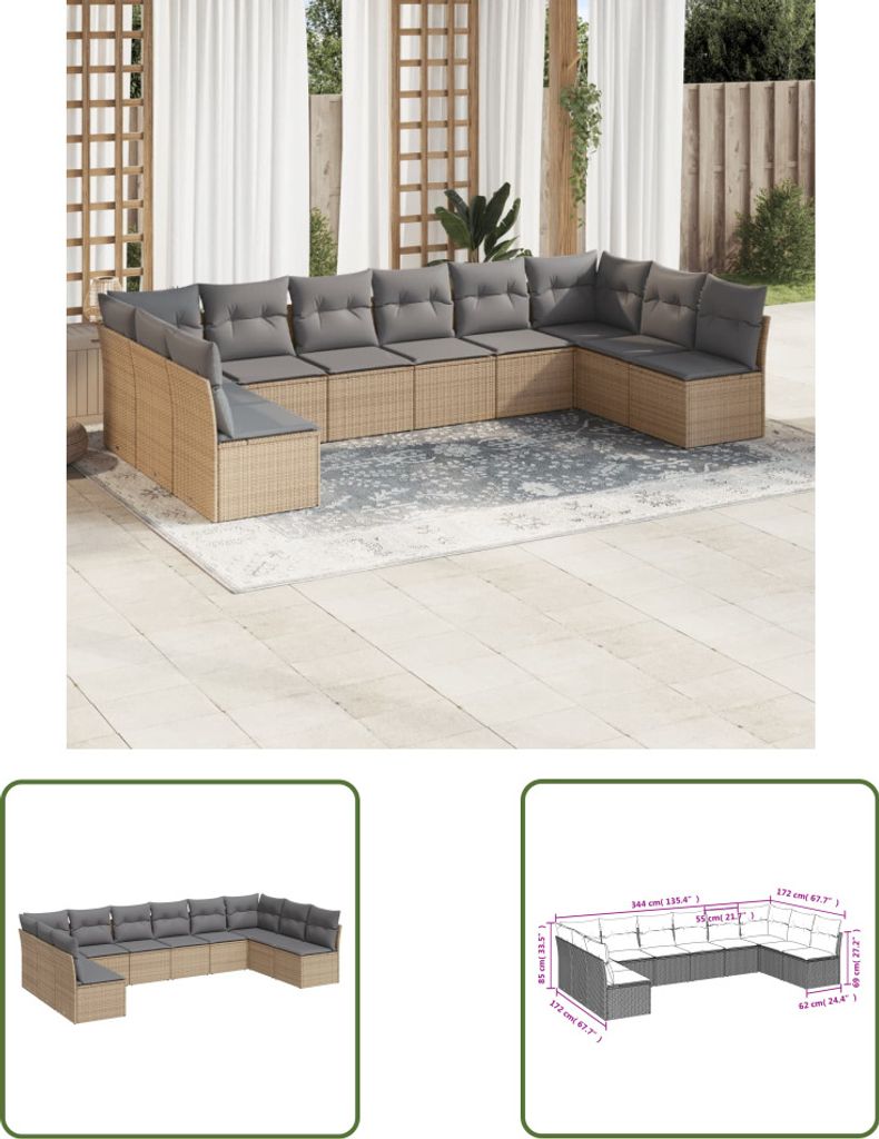 The Living Store 10-tlg. Garten-Sofagarnitur mit Kissen Beige Poly Rattan