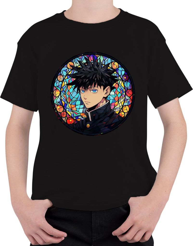 Anime Junge Blaue Augen Schwarze Haare Buntglas Fenster Mystisch Uni Kinder T-Shirt, Schwarz, 116