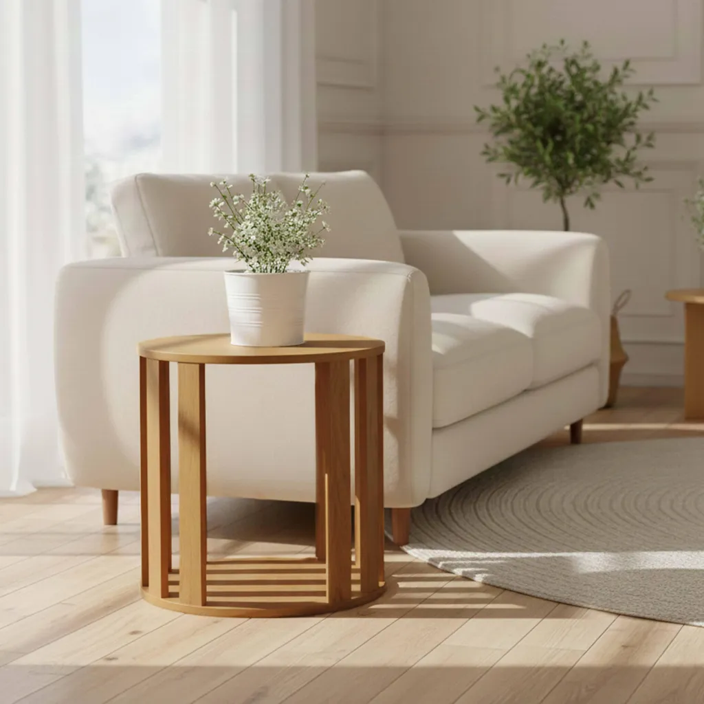 Table basse bois clair ronde diam 50 cm finition naturelle effet chêne