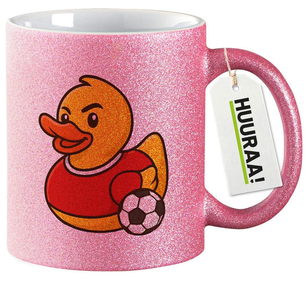 Huuraa Glitzertasse Quietscheente Fußballer Gummiente Fussballspieler 330ml Pink Keramik Kaffeebecher Geschenkidee