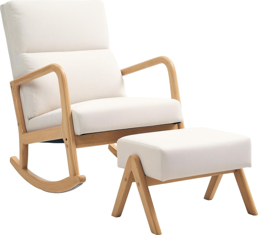 Fortuna Lai Schaukelstuhl mit Hocker, Relaxsessel mit Leinenoptik, Schaukelsessel mit Holzbeine Schwingsessel für Schlafzimmer, Wohnzimmer, bis 15...