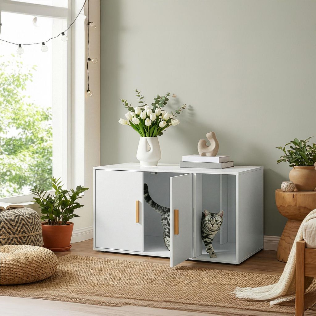 FEANDREA Katzenhaus mit Doppeltüren, Katzenklo-Schrank, Beistelltisch, Vordereingang, 80 x 50 x 45 cm, weiß