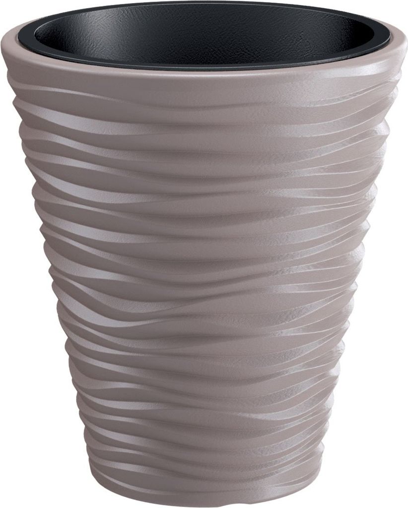 A beige planter with a textured, wavy design and a black inner liner, shown against a white background.
