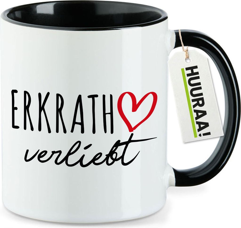 Huuraa Kaffeetasse Erkrath verliebt 330ml Schwarz Keramik Kaffeebecher Geschenkidee