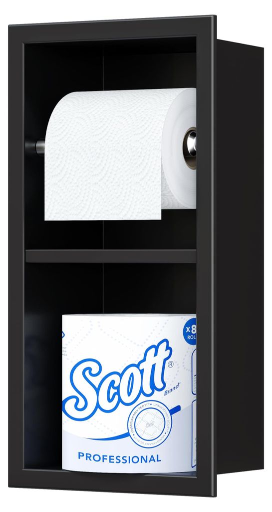 Eingebauter Toilettenpapierhalter, Wandnische aus Edelstahl mit Ablage, schwarzer Toilettenpapierhalter fürs Badezimmer, 34 x 18 cm