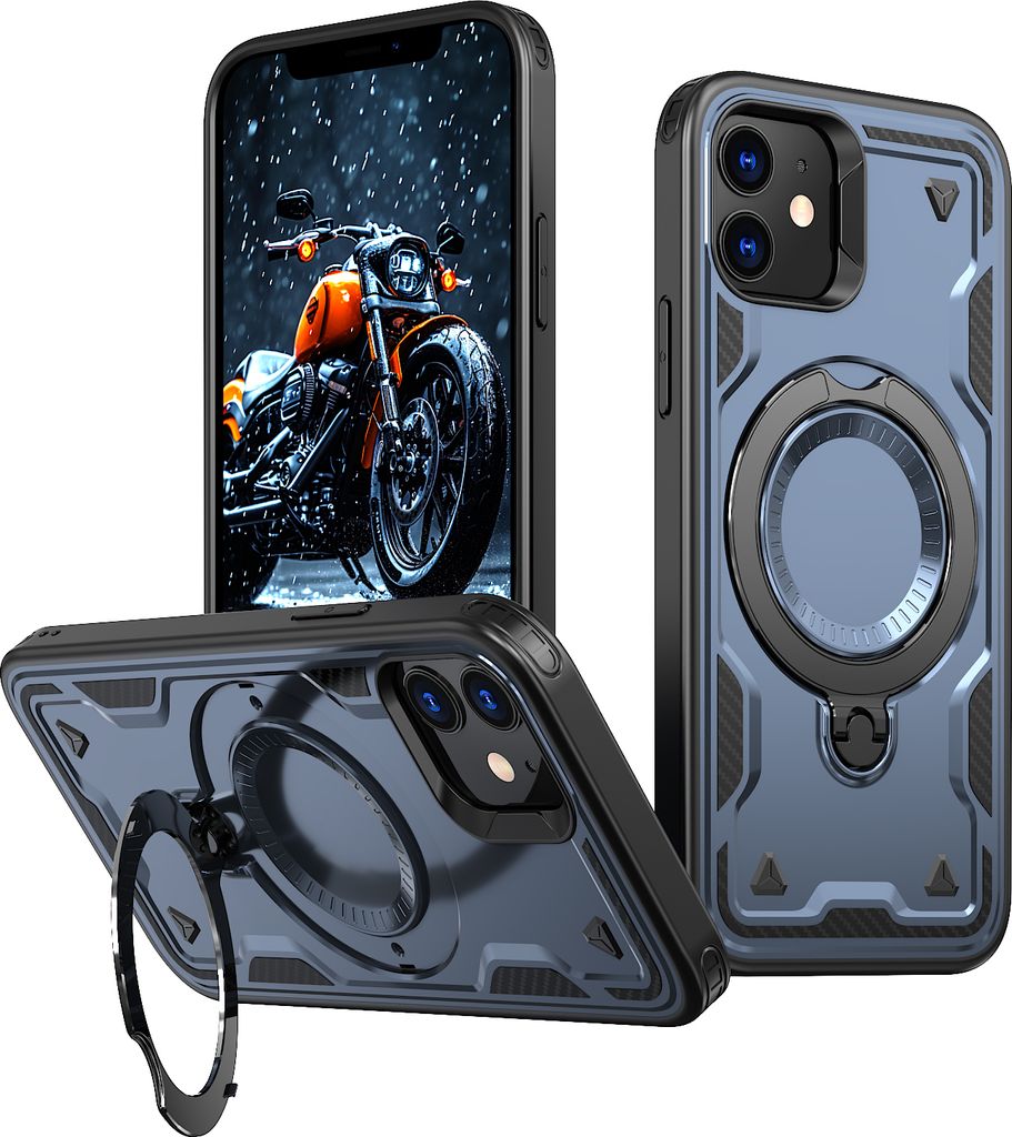 Dual Layer Hülle für iPhone 12/iPhone 12 Pro Metall Ring Ständer Magnetisch Stoßfest Militär Handyhülle Blau