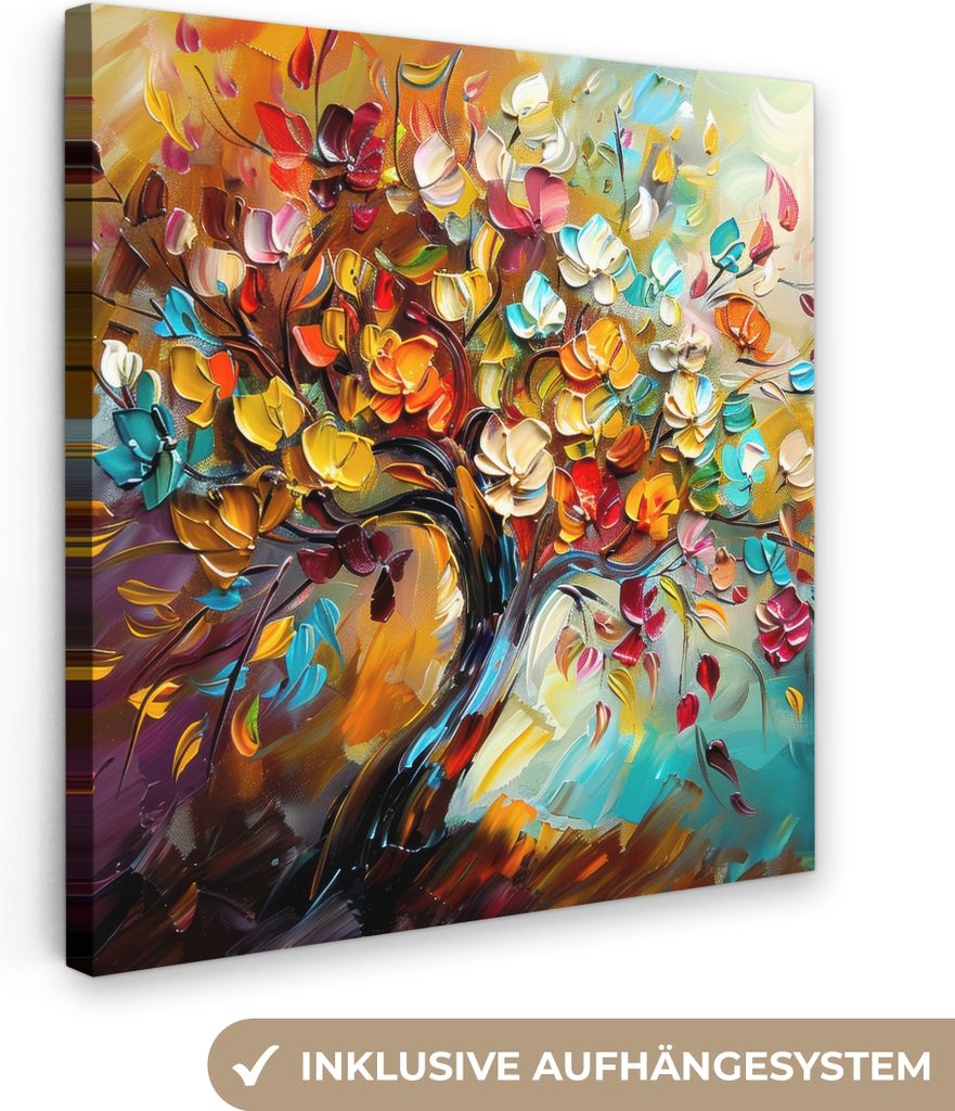 MuchoWow - Leinwandbilder - Baum - Abstrakt - Bunt - Blumen, Wandbild, Wanddeko Bilder Wohnzimmer, 90x90 cm