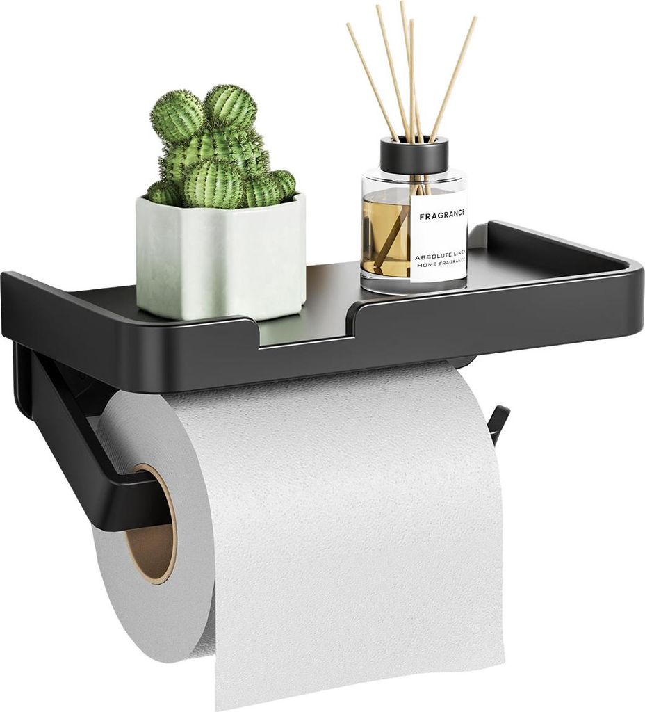 Toilettenpapierhalter Wandmontage, Schwarz Aluminium, 2-in-1 Ablage, Badezimmer Zubehör