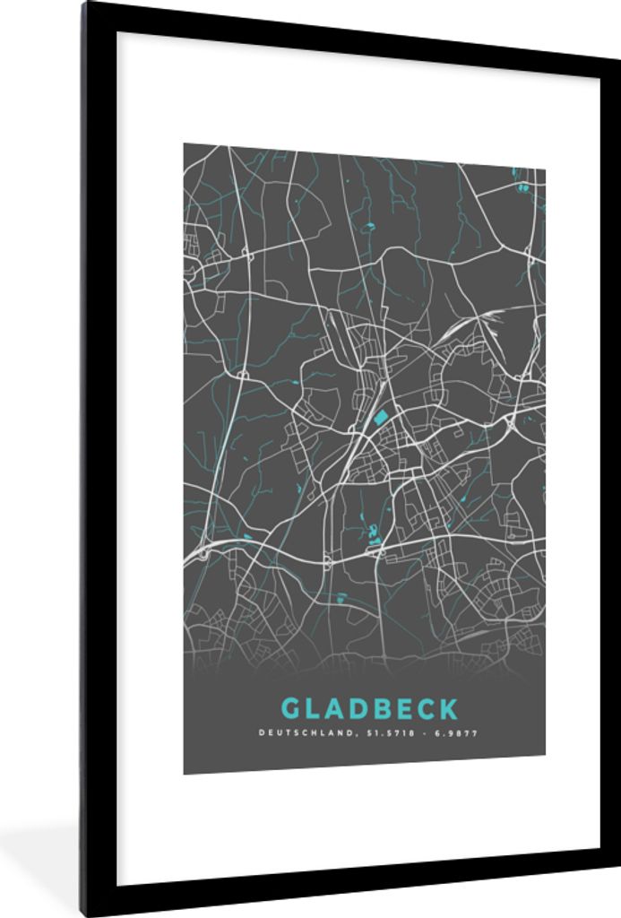 MuchoWow Gerahmtes Poster Blau - Deutschland - Karte - Stadtplan - Gladbeck 60x90 cm - Poster mit Schwarzem Bilderrahmen Wandposter Rahmen Foto B...