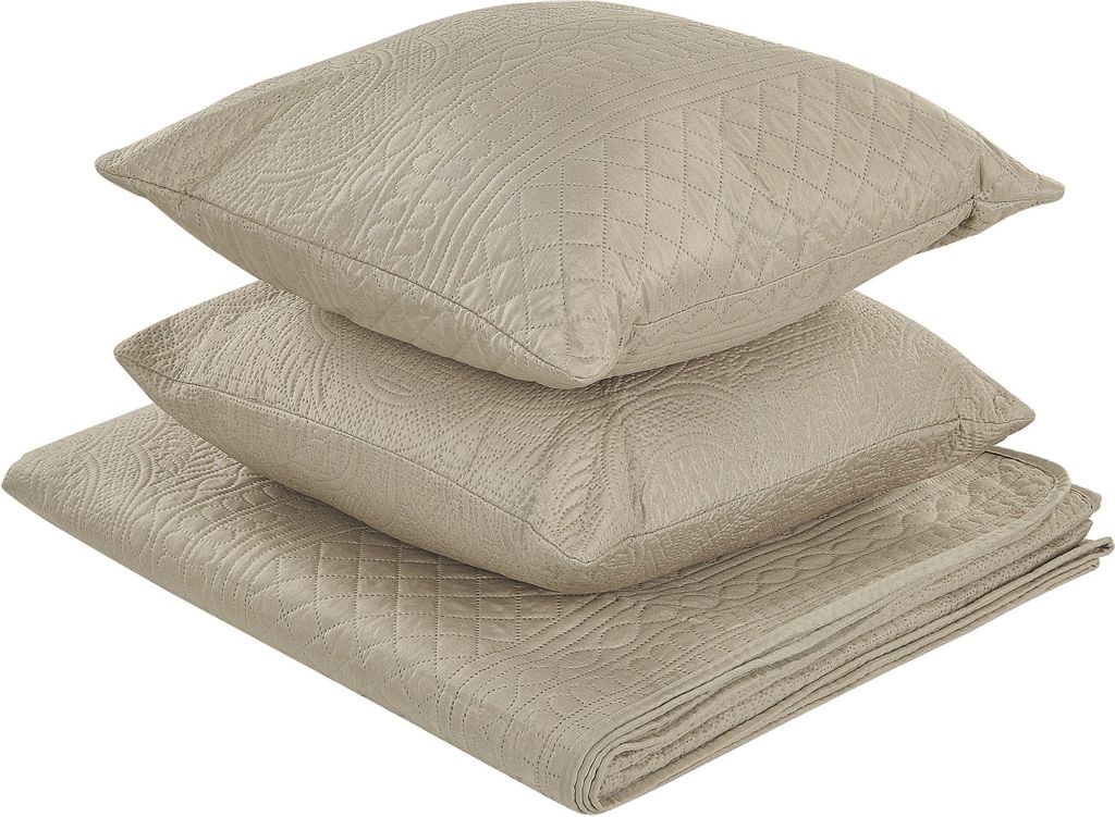 BELIANI Tagesdecke Taupe aus Polyester 160 x 220 cm 2 Kissen mit geprägtem Muster Bettüberwurf Dekorativ für Doppelbett Schlafzimmer modernes Be...