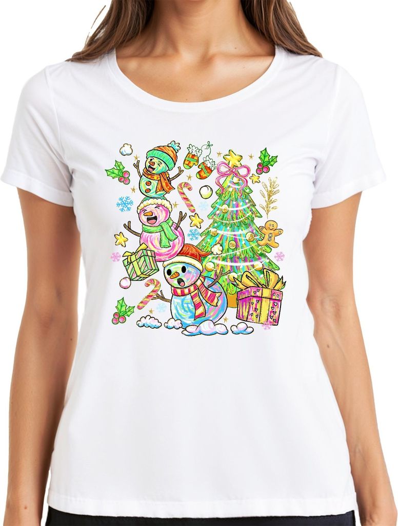 Weihnachten Schneemann Tannenbaum Zuckerstange Lebkuchen bunt Damen T-Shirt, Weiß, XXL