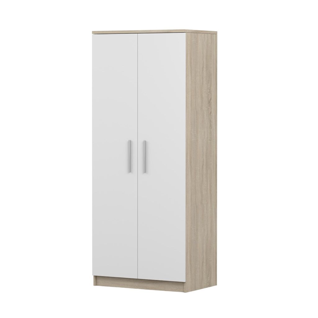 Drehtürenschrank OMEGA 06 – Kleiderschrank 80 cm Sonoma/Weiß, 2 Türen mit Kleiderstange, Einlegeböden & silberfarbenen Griffen