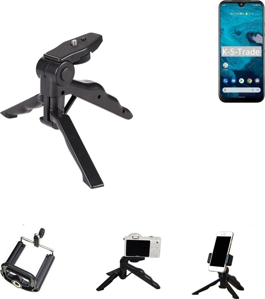K-S-Trade Stativ Tisch-Ständer Dreibein Handy-Stativ Ständer kompatibel mit Kyocera Android One S9 Mini-Stativ Smartphone Tripod Handy-Stativ aus