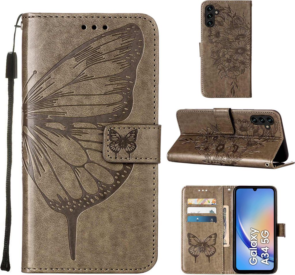 Lederhülle für Samsung Galaxy A34 Schmetterling Prägung Flip Ledertasche Kartenfächer Handyhülle mit Ständer Grau