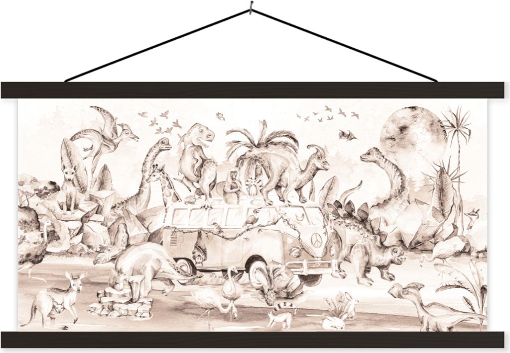 MuchoWow Textilposter Dinosaurier - Bus - Kinder - Tiere - Bäume 150x75 cm mit schwarzem Rahmen - Posterleiste