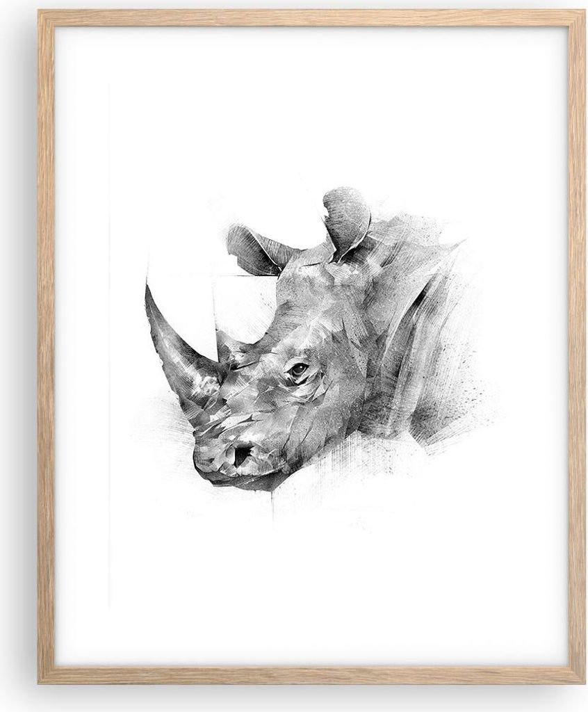 Gerahmtes Poster - Rahmen in heller Eiche - Nashorn Porträt Produktbild 