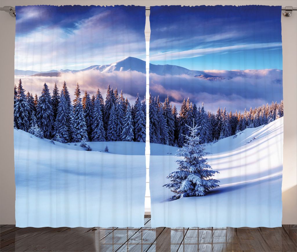 ABAKUHAUS Winter Rustikaler Gardine, Bergspitzen Snowy, Schlafzimmer Kräuselband Vorhang mit Schlaufen und Haken, 280 x 245 cm, Blau Weiss