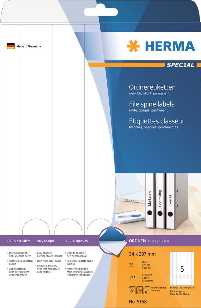 Ordneretiketten A4 weiß 34x297 mm Papier matt blickdicht 125 St.