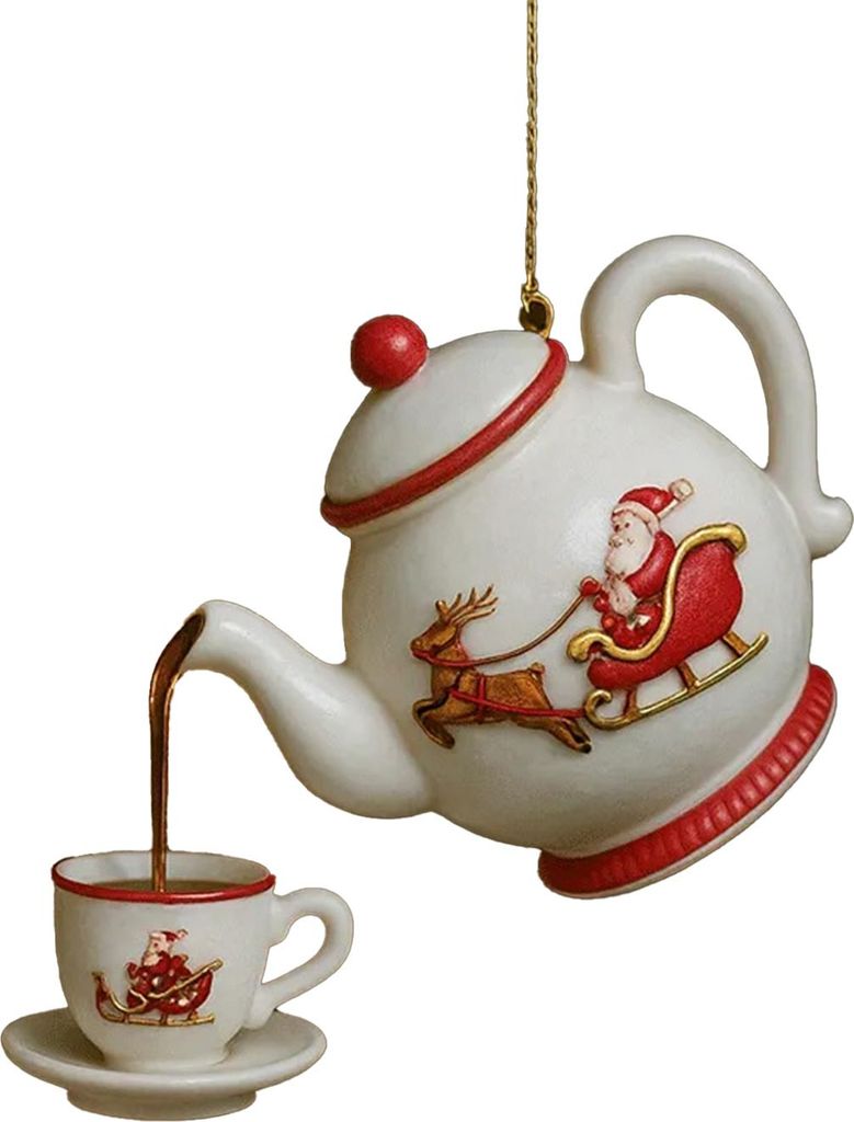 Weihnachtliche Teekannen-Dekoration, Vintage-Weihnachts-Teetasse und -Kanne zum Aufhängen mit Teegießeffekt, Geschenk für Teeliebhaber