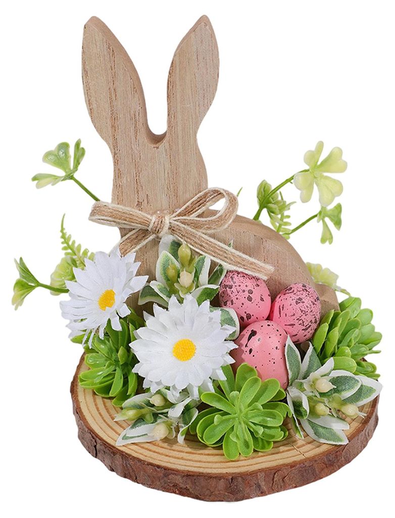 Osterhasen-Dekoration aus Holz, rustikaler Landhausstil, künstliche Blume, buntes Ei, Hasen-Tischschild, Schreibtischdekoration