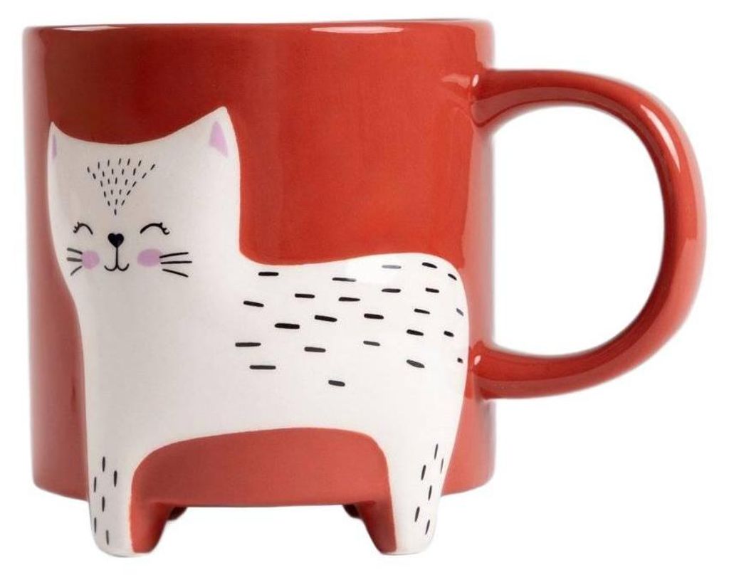 A red mug with a white cat design.