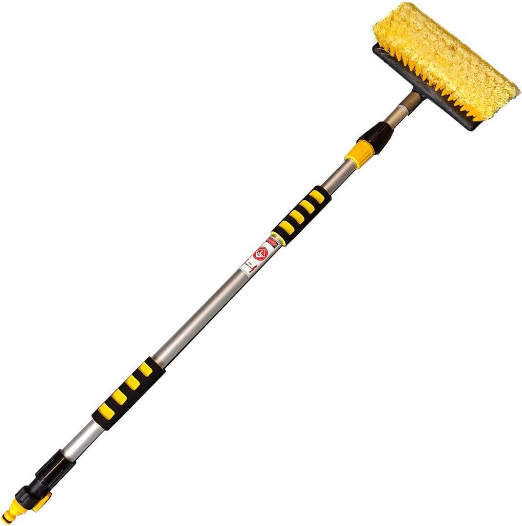 A telescopic car wash brush with a yellow brush head and a silver and black handle, shown against a white background.