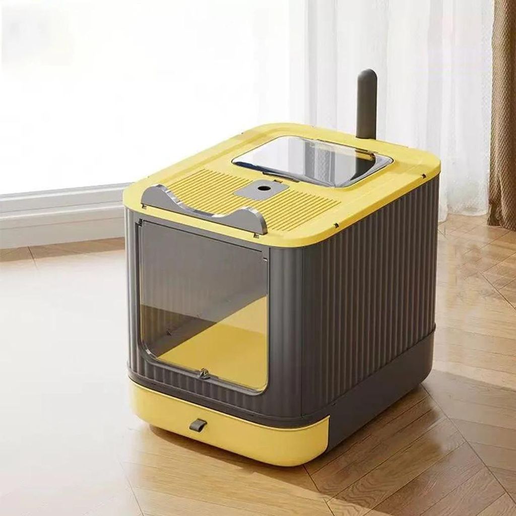 Katzentoilette - Haubentoilette - Herausziehbare Schublade - Doppelter Einstieg oben & vorne - Mit Schaufel - Abnehmbarer Deckel - Kunststoff - Gelb