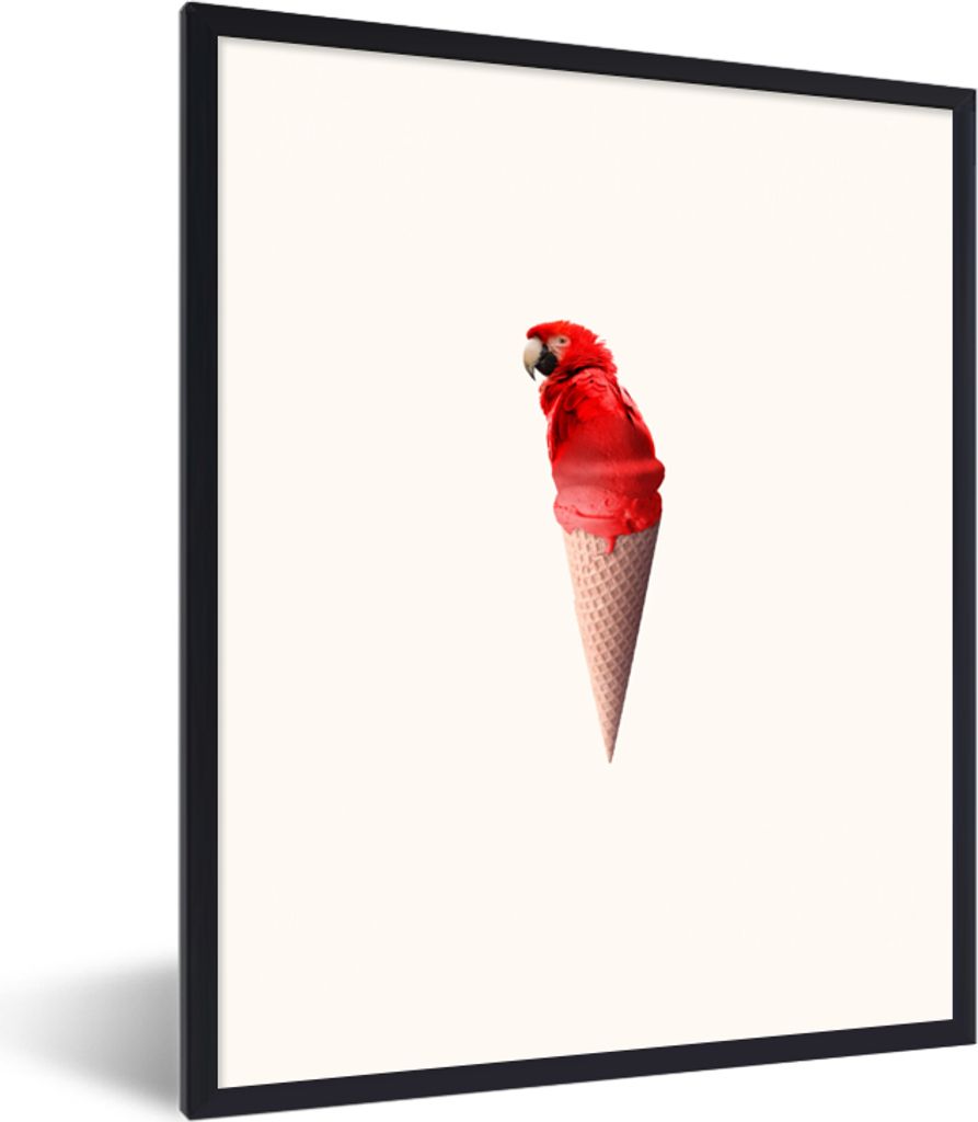 MuchoWow Gerahmtes Poster Eiscreme - Papagei - Rot - Eistüten - Weiß 60x80 cm - Poster mit Schwarzem Bilderrahmen Wandposter Rahmen Foto Bilder...