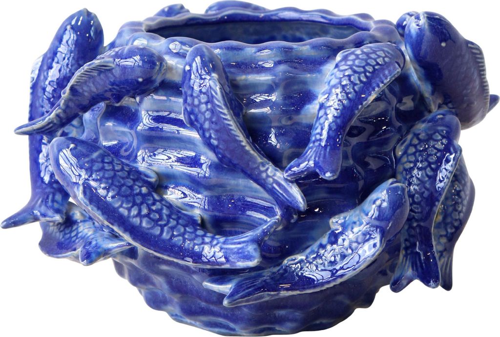 FURNARO Übertopf Fishery - dekorativer Keramiktopf in Blau mit plastischen Fischmotiven, rund, Ø27 cm