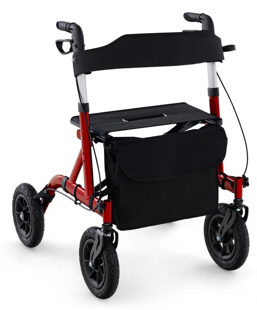 Rollator & Transportrollstuhl - 2-in-1 Reiserollator - Luftreifen - Faltbar - Leicht - Mit Sitz - Stoff