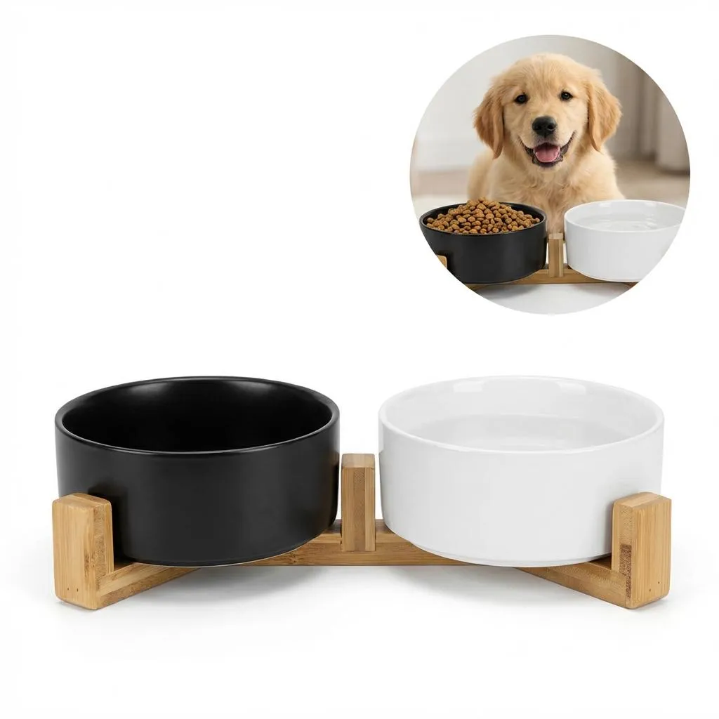 Ciotole Cane e Gatto Vetroceramica Bianco e Nero | Base Bambù Design