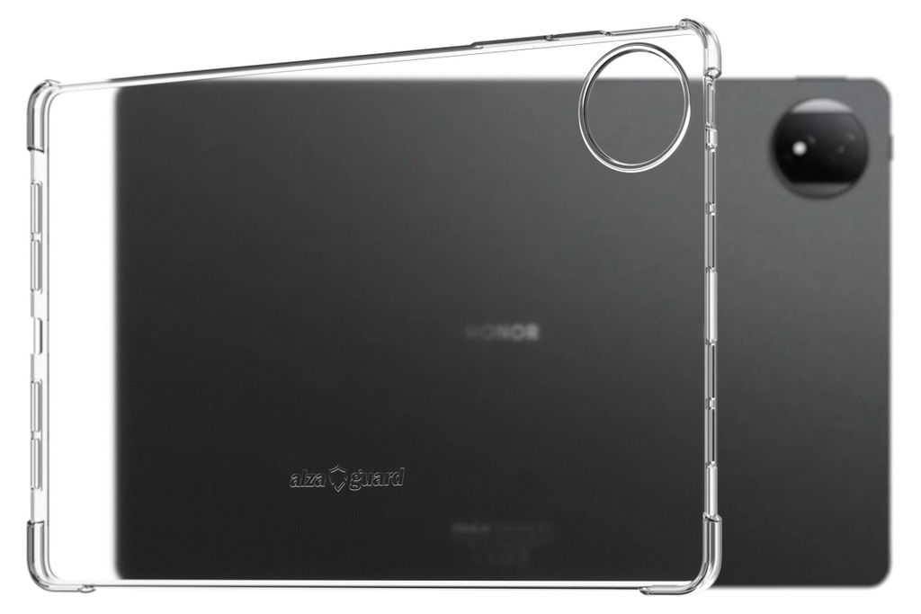 A clear protective case is shown on the back of a dark tablet.