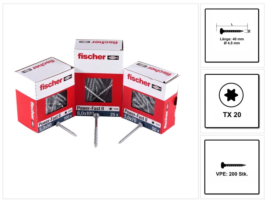 Spanplattenschraube PowerFast II 4,5x40 Pan Head TX VG (200 Stück, Vollgewinde, verzinkt)