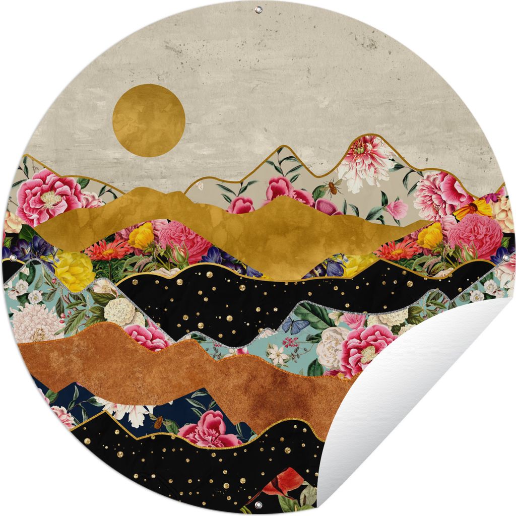 MuchoWow Gartenposter Outdoor-Poster Rund Gold - Blumen - Druck - Abstrakt - Landschaft - Muster Ø 90 cm Gartendeko Rundes Poster draußen