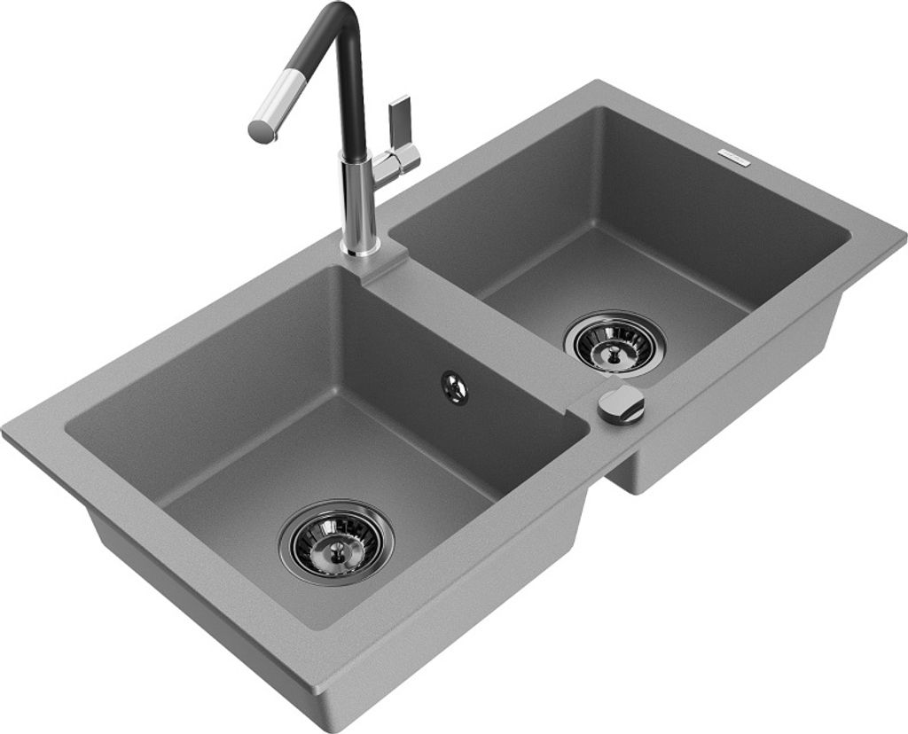 Mexen Mario 2-Becken-Granitspüle mit Mischbatterie Flora, Grau - 6504-71-670401-07-B