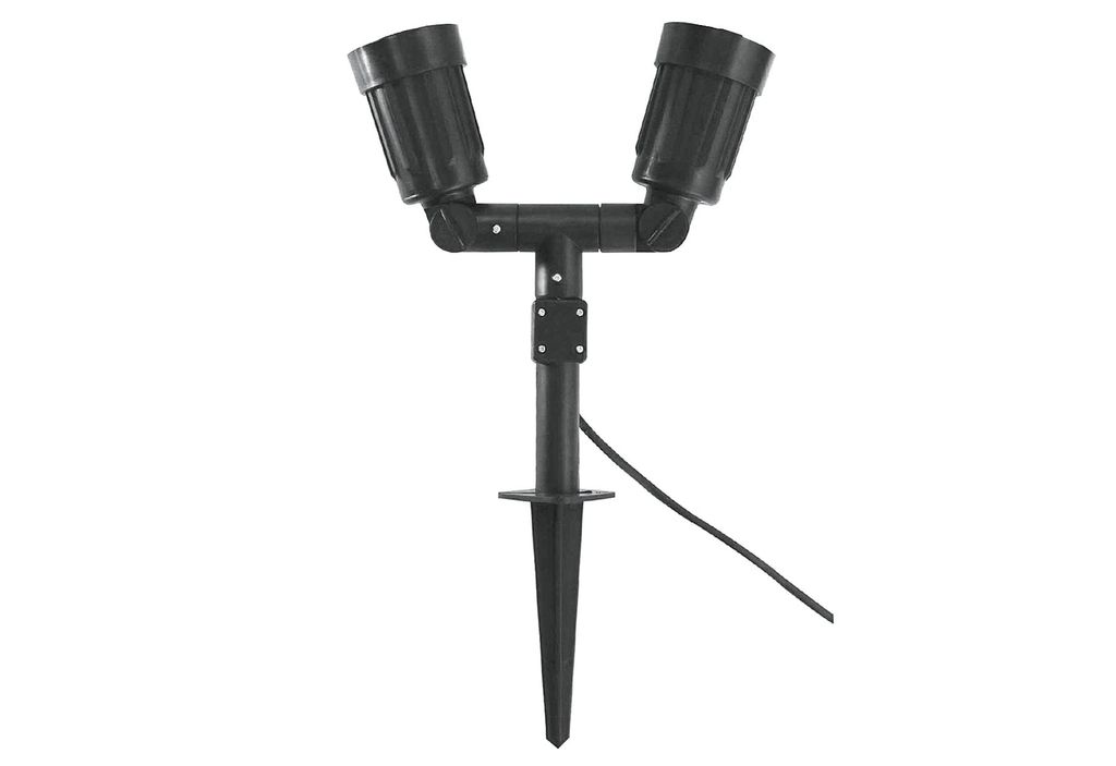 A black dual spotlight garden light with a stake and cable.
