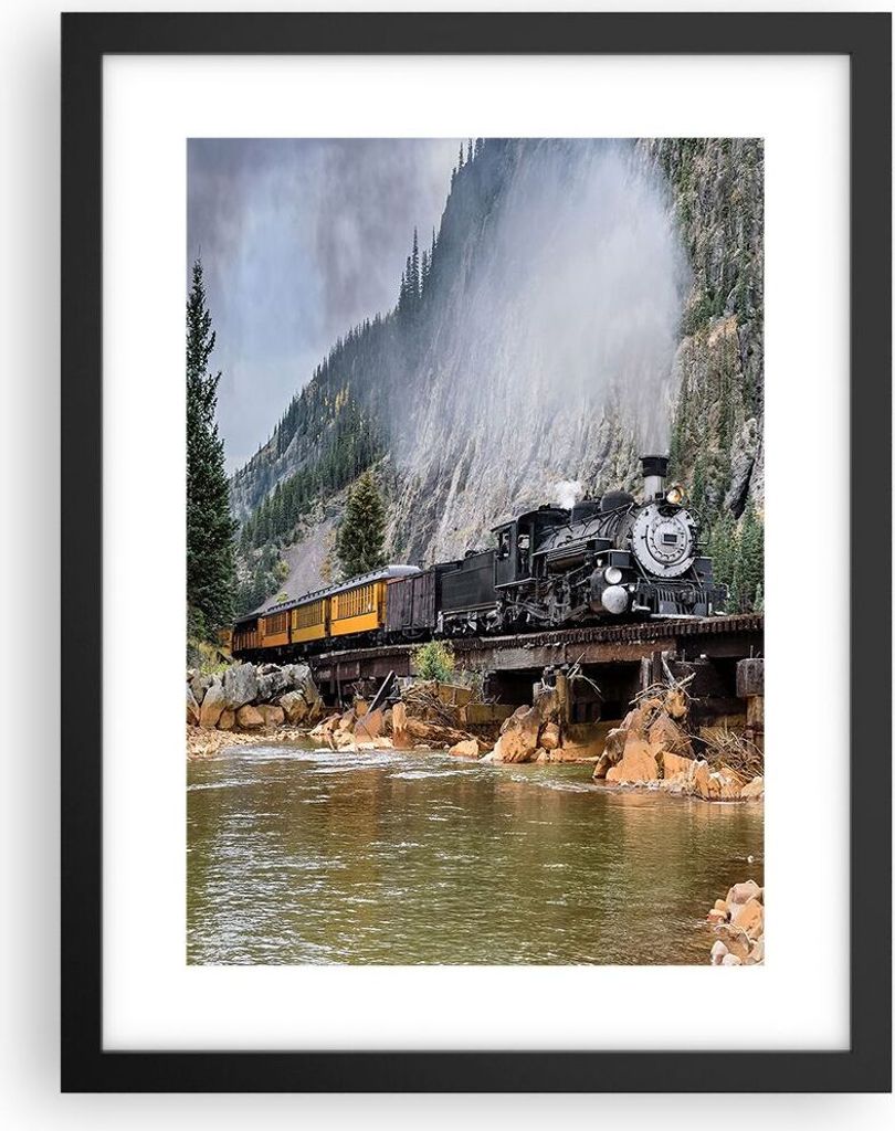 Gerahmtes Poster - Schwarzer Rahmen - Alt Lokomotive Berge Produktbild 