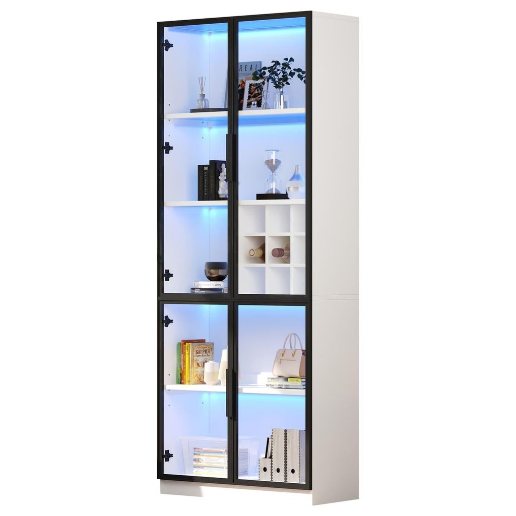 Vitrine, Glasvitrine mit Glastüren mit LED,Hochschrank ,Bücherschrank,Standvitrine,Weinschrank Eleganter Sideboard mit Doppeltüren, Glasregal