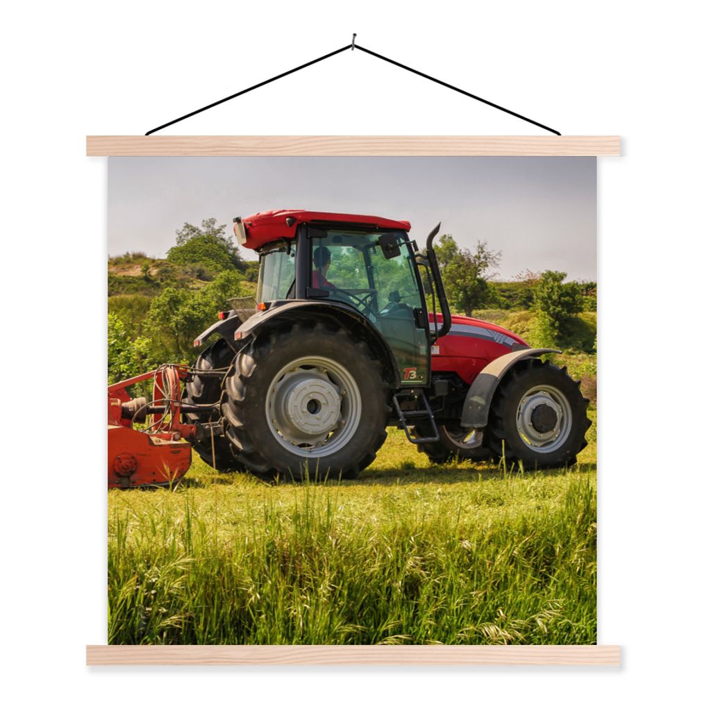 MuchoWow Textilposter Traktor - Rot - Natur - Grün - Landleben 120x120 cm mit holzfarbenen Rahmen - Textil-Poster