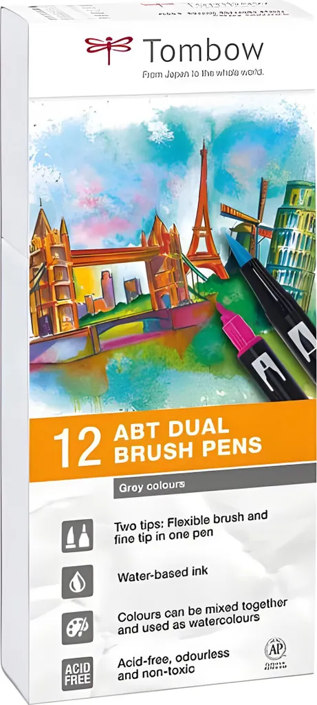 Feutres à Double Pointe Tombow ABT Set 12 Couleurs Grises pour Dessin
