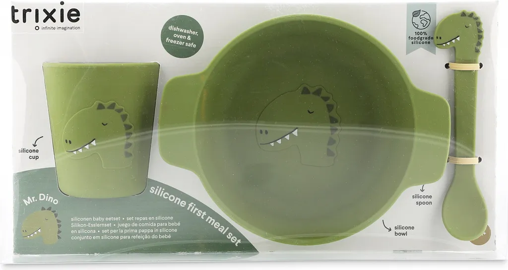 Vaisselle Bébé Incassable avec Ventouse Trixie - Set Repas Silicone Vert - 2