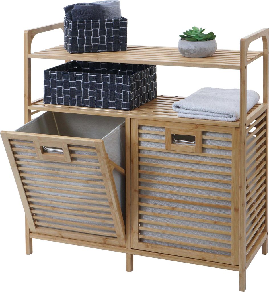 Bambus Badezimmerschrank HWC-N83, Wäschesammler Regal Badschrank, 2 Wäschekörbe 2 Regalböden - 88x81x33cm
