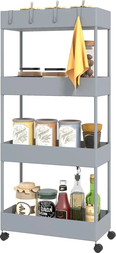 Carrello, scaffale da cucina a 4 livelli, scaffale con rotelle, carrello da cucina con freni, carrello di servizio per cucina, camera da letto, soggiorno, plastica, grigio, 40 x 19 x 90 cm |
