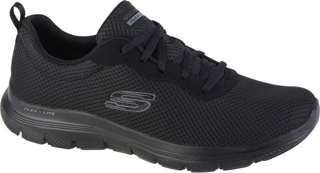 A black Skechers Flex Appeal 4.0 Brilliant View shoe is shown from the side against a white background.