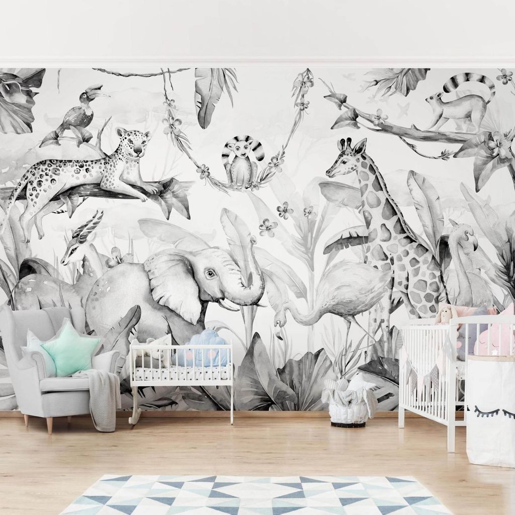 Fototapete Wald - Vliestapete - Bildtapete UV-beständig Dschungel schwarz weiss Aquarell Wandtapete geruchsfrei