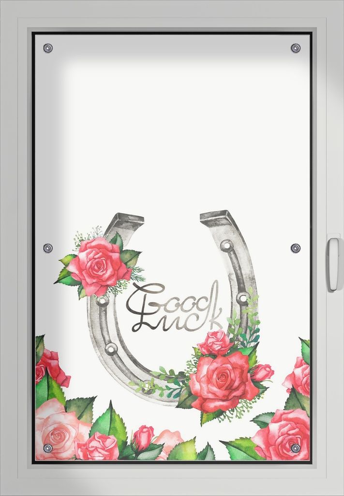 Wallario Lichtschutzbild, Dekorativer Sichtschutz Sonnenschutz 60 x 93 cm mit Motiv: Viel Glück Hufeisen mit roten Rosen - Verdunklung ohne Bohren