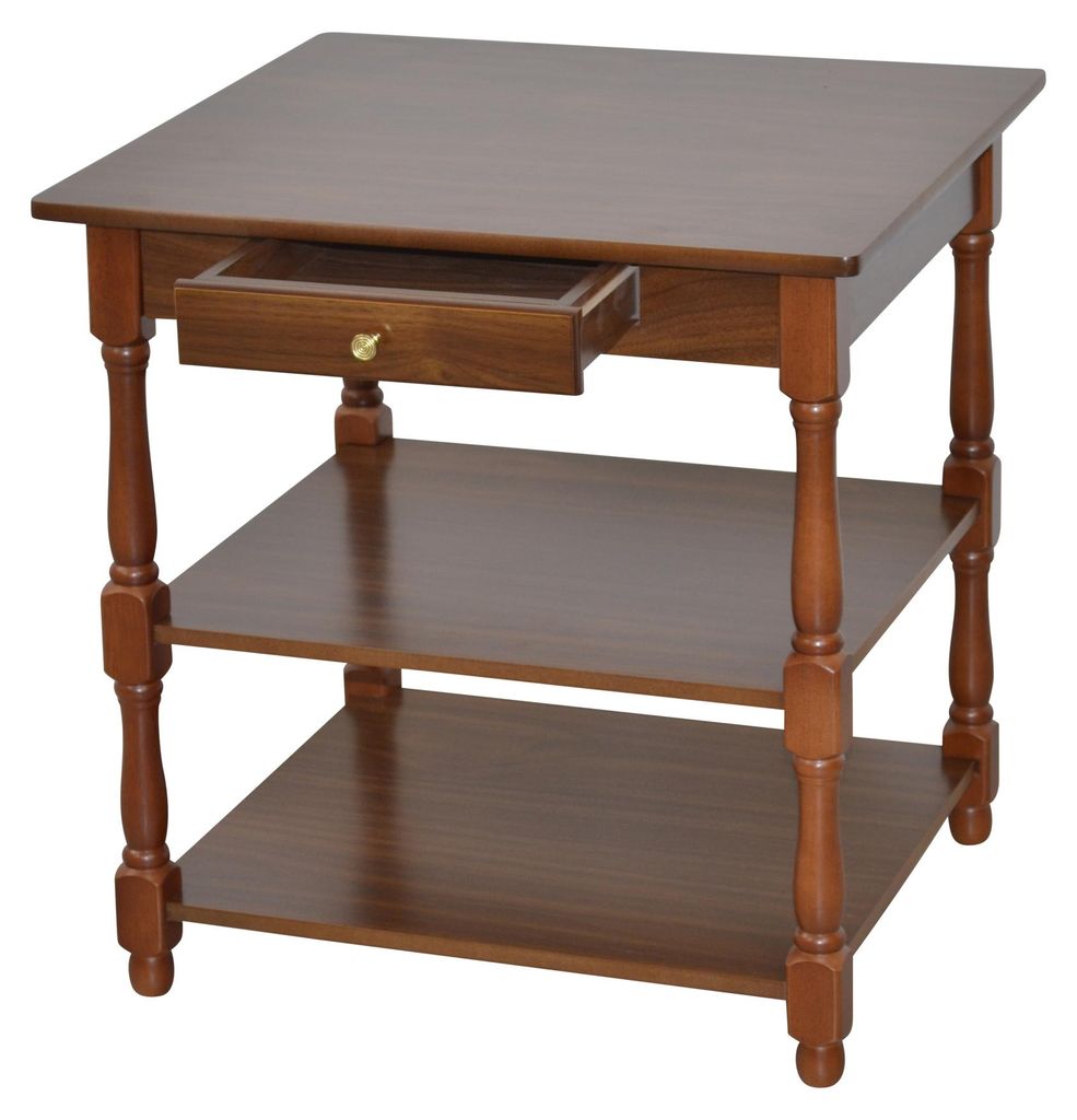 A wooden side table with a drawer and two shelves, shown against a white background.