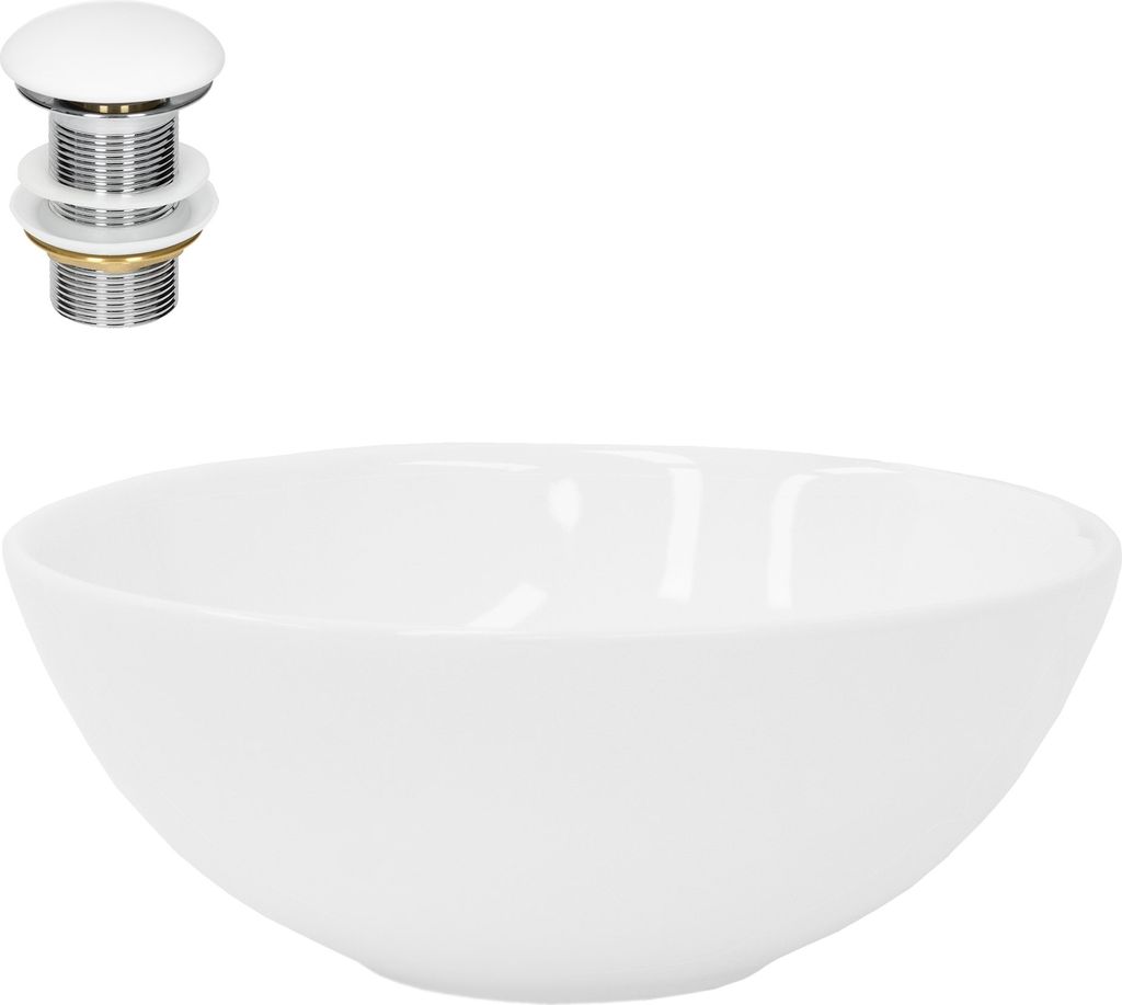A white ceramic sink and a drain assembly are shown against a white background.