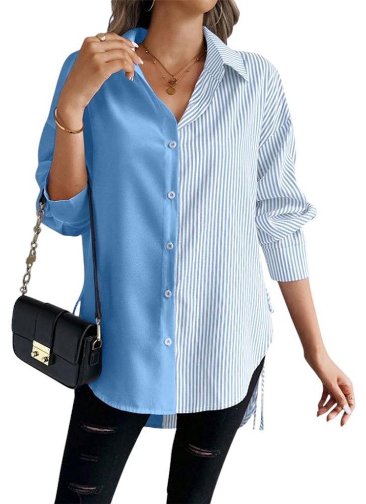 Damen Plus Size lockere gestreifte Langbluse mit langen Ärmeln und Umlegekragen, Größe 52