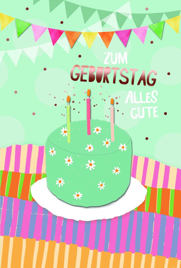 Geburtstag Karte mit Briefumschlag Geburtstagstorte mit bunten, brennenden Kerzen, Wimpelketten